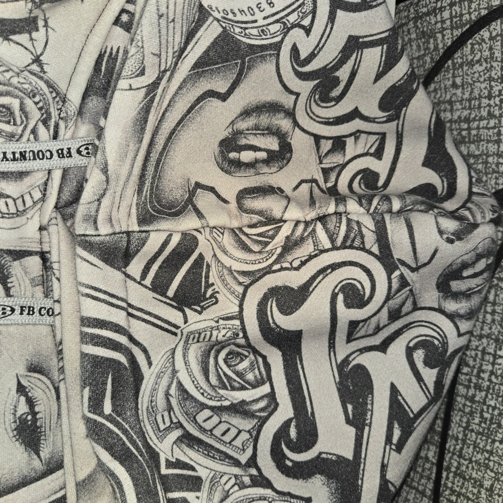 FB County Mens Chicano Tattoo All Over Print Hoodie Grey Virgin Mary Lowrider M - Picture 6 of 8